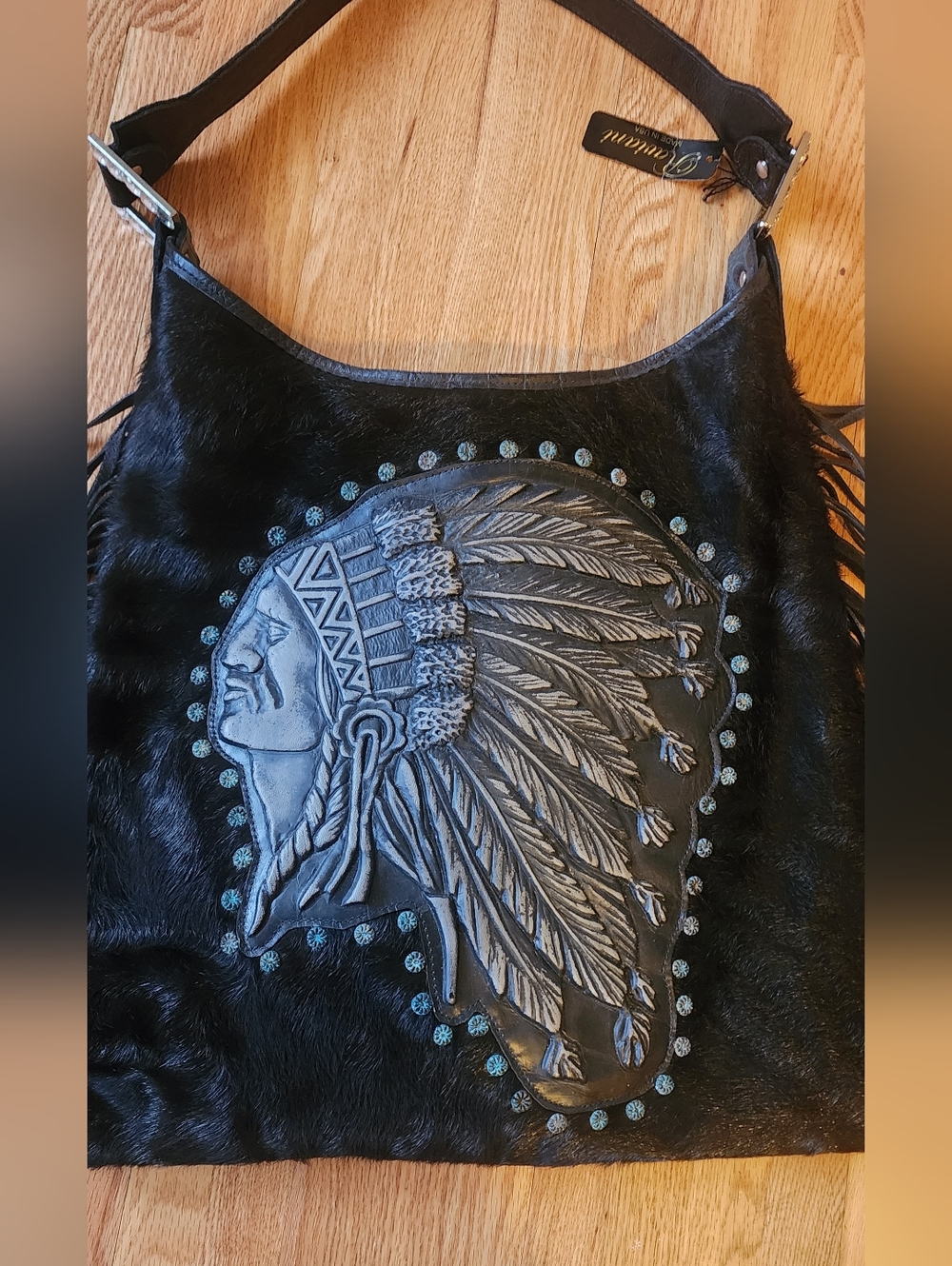 Raviani Black Hair On Studded Chief Handbag NWT - Picture 2 of 6